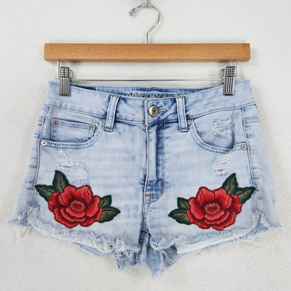 American Eagle Outfitters Light Blue Jean Shorts with Red Floral Embroidery
